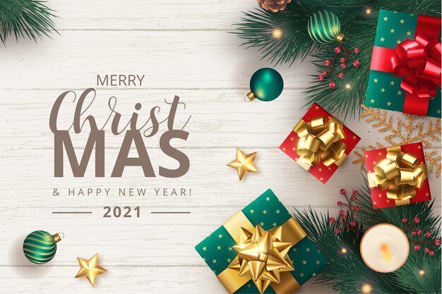 Frohe Weihnachten Hintergrund mit realistischen Ornamenten und Geschenken