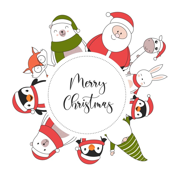 Frohe Weihnachten Illustrationskarte mit Pinguin Kaninchen Giraffe Santa Claus Eisbär Fuchs und Elf