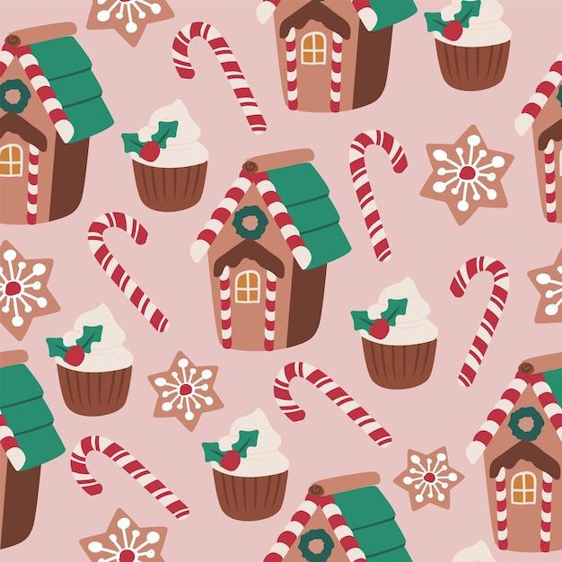 Frohe weihnachten lebkuchenhaus zuckerstange cupcake Premium Vektoren