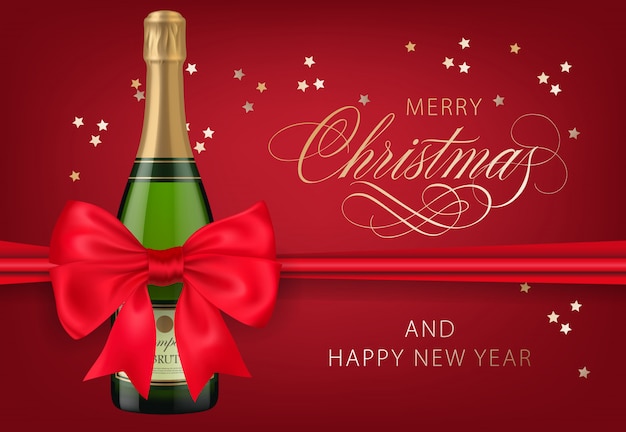 Kostenloser Vektor frohe weihnachten mit rotem postkartendesign der champagnerflasche