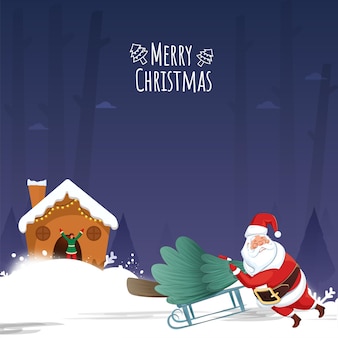 Frohe weihnachten-poster-design mit weihnachtsmann schlitten von weihnachtsbaum und verschneiten haus auf blauem hintergrund schieben.