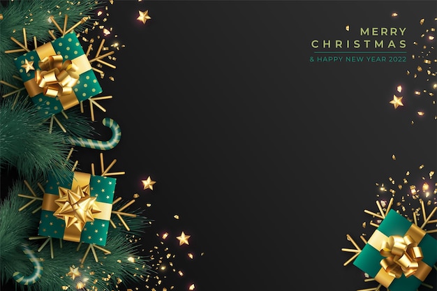 Frohe Weihnachten realistischer Hintergrund mit Geschenken und Ornamenten