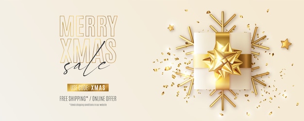 Frohe weihnachten sale banner mit realistischem goldenen geschenk