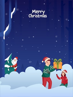 Frohe weihnachten-schablonen-design mit fröhlichen kindern und nettem weihnachtsmann, der weihnachtsbaum auf blauem schneefall-hintergrund hält.