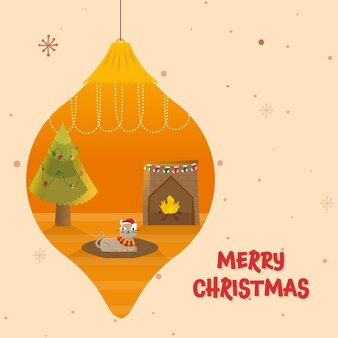 Frohe weihnachten-schrift in spanischer sprache mit niedlicher katze tragen weihnachtsmütze, weihnachtsbaum und kamin im inneren flitter hängen auf pfirsich-hintergrund.