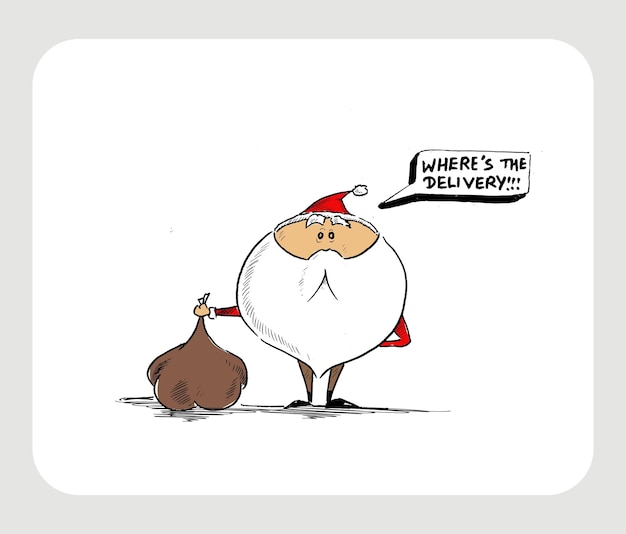 Frohe weihnachten! skizzenhafte zeichnung eines lustigen weihnachtsmannes mit geschenktüte, vektorillustration