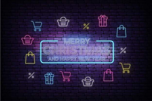 Kostenloser Vektor frohe weihnachten und neujahr sale banner mit weihnachtsikonen