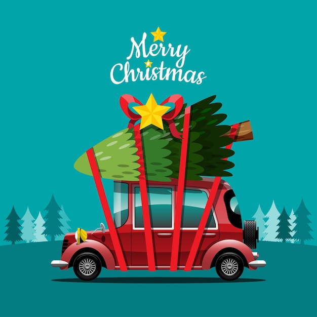 Frohe weihnachten vektor-illustration retro-pickup-truck vintage-stil mit weihnachtsbaum. zusammengestellt in grafikdesign, werbeschildern, flyern, bannern, website und einladungskarten feier