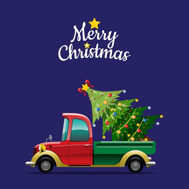 Kostenloser Vektor frohe weihnachten vektor-illustration retro-pickup-truck vintage-stil mit weihnachtsbaum