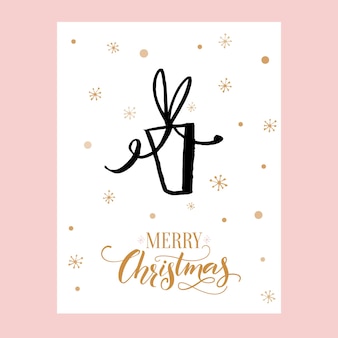 Frohe weihnachtskarte. minimalistisches design mit handgezeichnetem geschenksymbol und reich verziertem kalligraphietext.