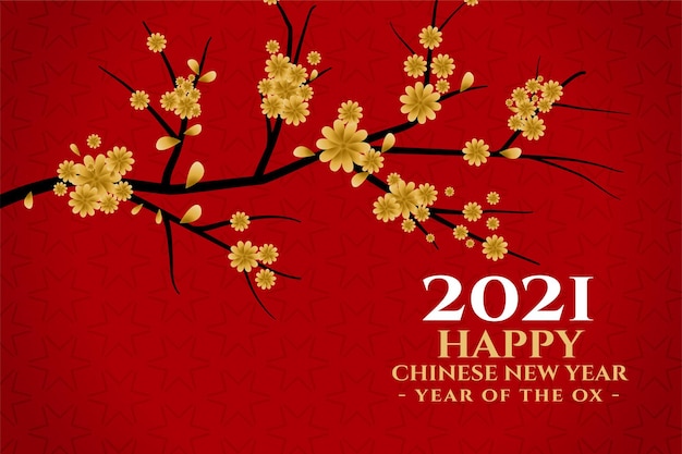 Frohes chinesisches neues jahr 2021 mit sakura-blumenkarte