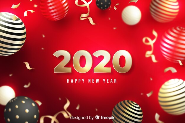 Frohes neues Jahr 2020 auf rotem Hintergrund mit Globen