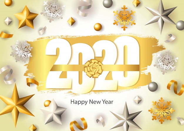 Frohes neues Jahr 2020 Schriftzug, goldene Schneeflocken und Sterne