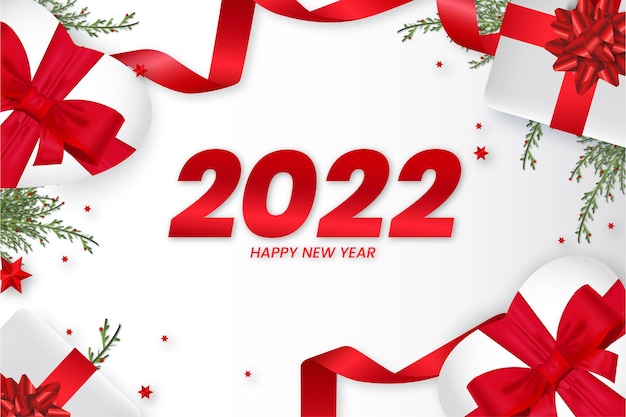 Frohes neues Jahr 2022 Hintergrund mit realistischen 3D-Weihnachtselementen