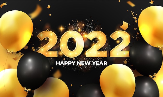 Frohes neues Jahr 2022 Hintergrund mit realistischen goldenen Ballons