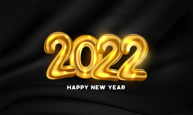 Frohes neues Jahr 2022 mit goldenen Ballonzahlen und schwarzem Vorhanghintergrund