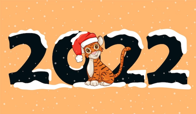 Frohes neues jahr 2022 textdesign mit cartoon-stil mit tigern. das symbol des jahres nach dem chinesischen kalender. designbroschüre, vorlage, postkarte, banner. vektor-illustration.