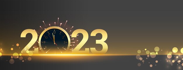 Frohes neues Jahr 2023 Banner mit Uhr und Bokeh-Lichteffekt