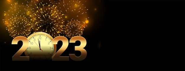 Frohes neues jahr 2023 feierbanner mit feuerwerk und uhr