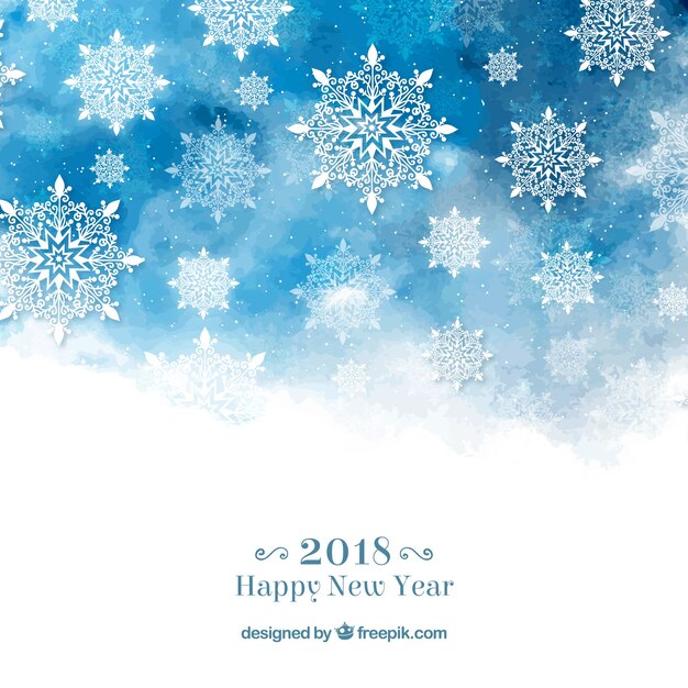 Frohes neues Jahr Hintergrund mit Schneeflocken im blauen Aquarell