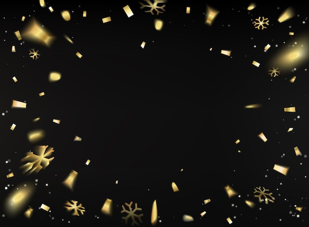 Frohes neues Jahr Karte mit goldenen Konfetti über schwarzem Hintergrund.