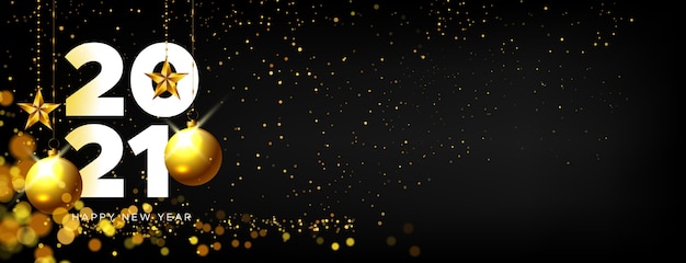 Frohes neues Jahr realistisches Banner mit goldener Dekoration