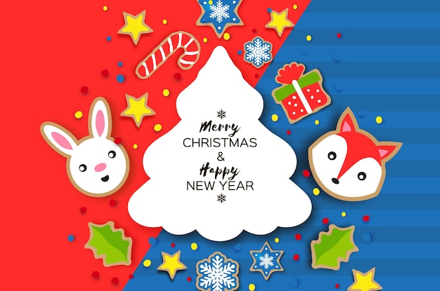 Frohes neues jahr und frohe weihnachten-grußkarte. weihnachten lebkuchen papierschnitt-stil. tiere. hirsch, fuchs, kaninchen. weihnachtsbaum-rahmen. winterferien. vektor.