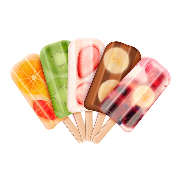 Fruchtbare Eis am Stiel Eiscremesortiment realistische Zusammensetzung mit Bildern von Eis Lollies Süßwaren Produktpalette