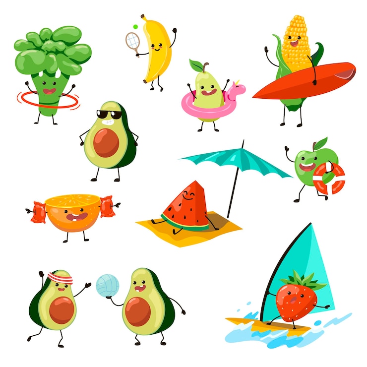Kostenlose Vektor fruchtcharaktere, die spaß am strandillustrationssatz haben
