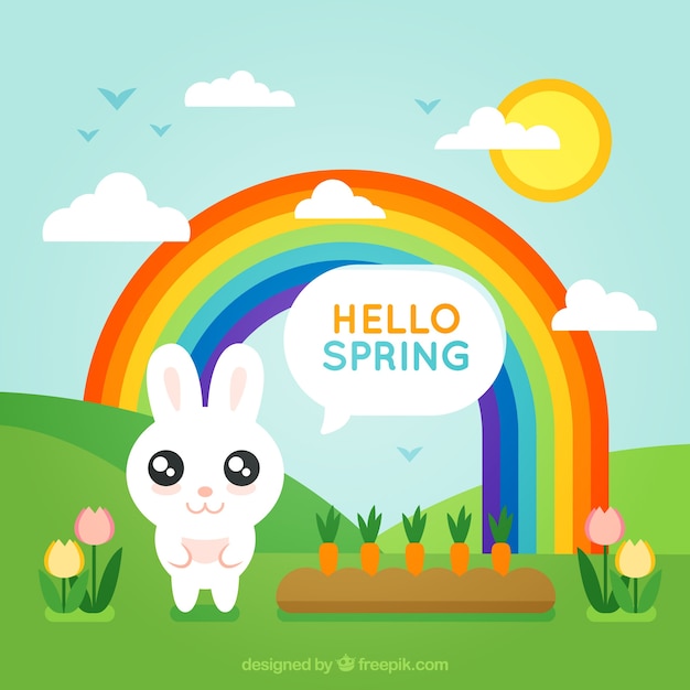 Frühling hintergrund mit hase und regenbogen im flachen design