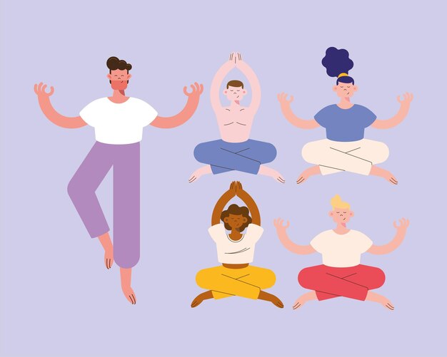 Fünf Personen, die Yoga praktizieren