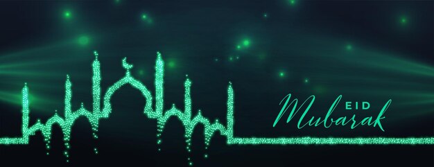 Funkelndes grünes eid-mubarak-banner mit moscheendesign