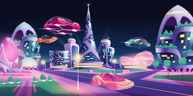 Futuristische Gebäude der zukünftigen Nachtstadt, die Autos fliegen