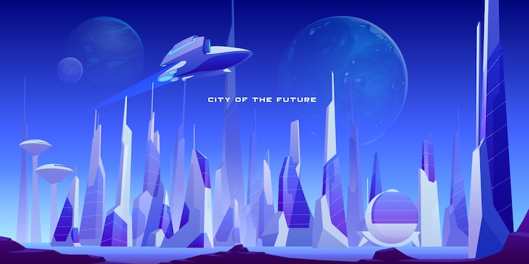 Kostenlose Vektor futuristische stadtlandschaft der stadt und des raumschiffs