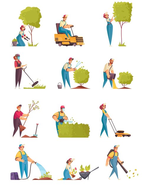 Gärtnerikonen stellten mit Bäumen und Büschen ein flache lokalisierte Vektorillustration ein