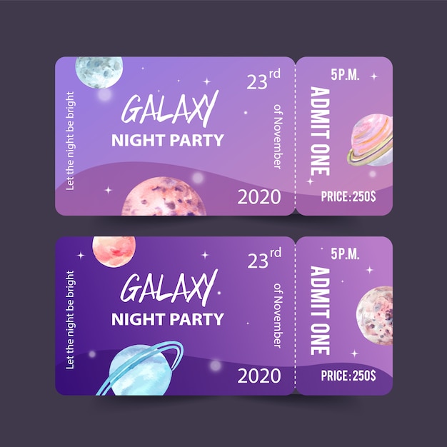 Galaxieticketschablone mit planetenaquarellillustration.