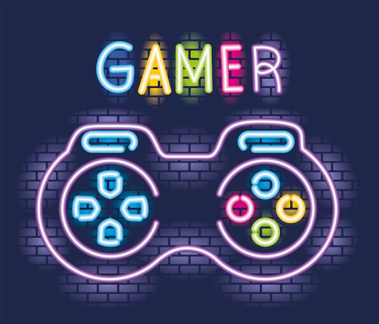 Kostenlose Vektor gamer-leuchtreklame mit einem steuerelement