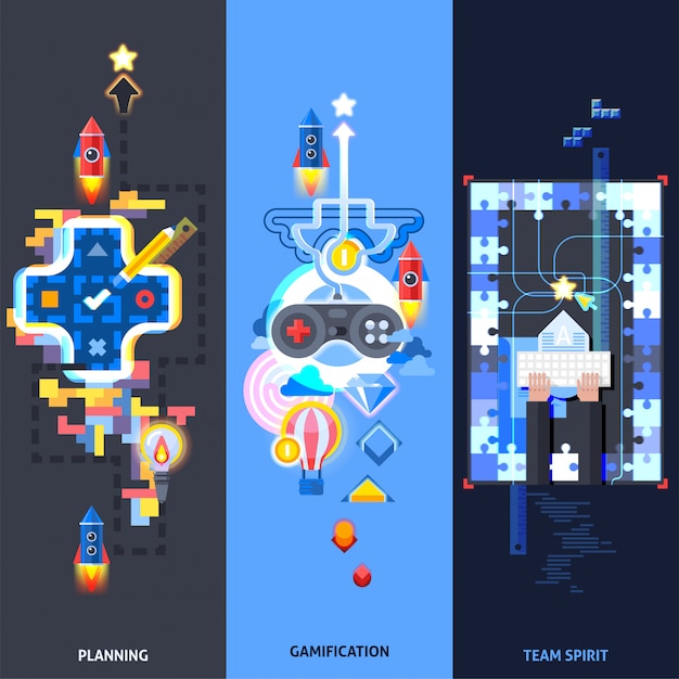 Gamification Elements Flat Banners Set