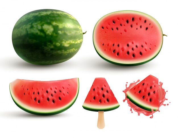 Ganzes halbes Viertelsegment der reifen saftigen Wassermelone und mundgerechte Stücke auf Stock realistischem Satz