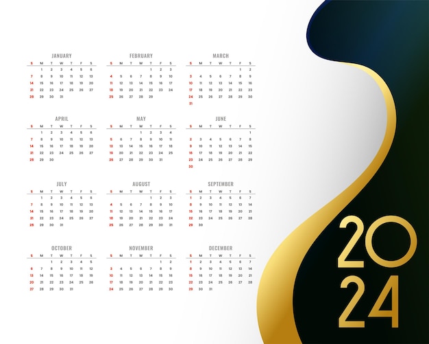 Kostenloser Vektor ganzseitige premium-kalendervorlage 2024 mit goldenem touch-vektor