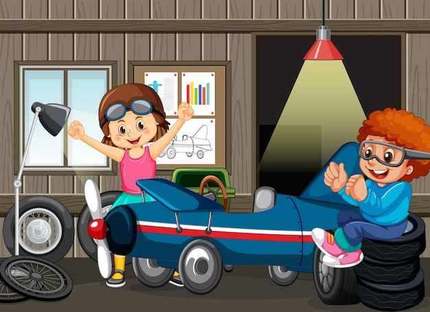 Garagenszene mit Kindern, die zusammen ein Auto reparieren