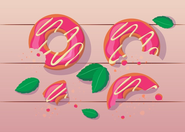 Gebissene und halb gegessene rosa donuts mit weißer zuckergussillustration