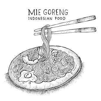 Gebratene nudeln, indonesisches essen, gekritzelmenü