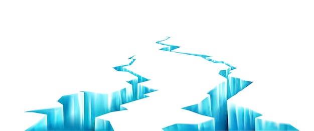 Gebrochener eis tiefer riss in gefrorener oberfläche bricht im gletscher in perspektivischer ansicht realistische wand mit eisbrüchen durch erdbeben oder schmelzende blaue risse auf weißer wand