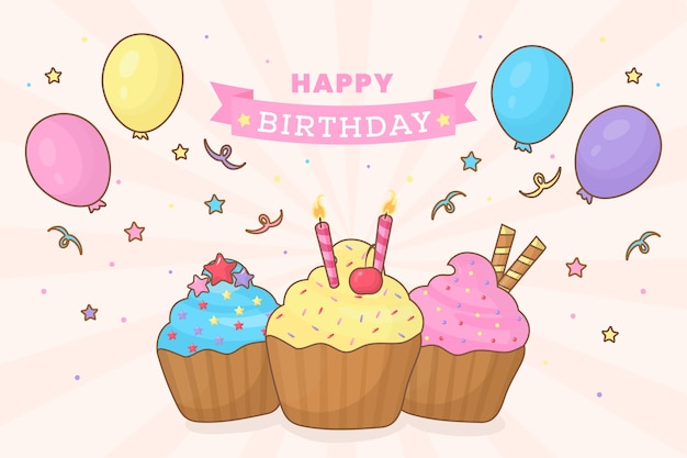 Geburtstagshintergrund mit cupcakes und luftballons