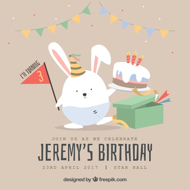 Geburtstagskarte mit schönen Hase und Geburtstagskuchen