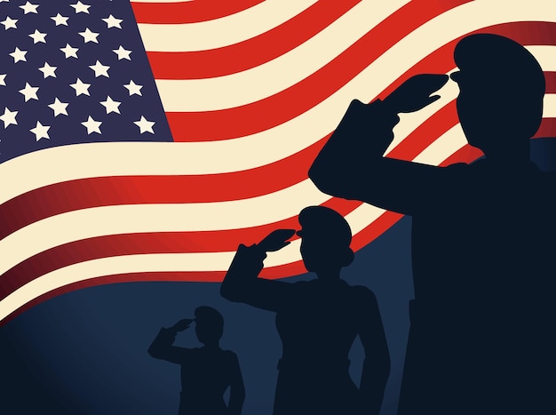 Kostenloser Vektor gedenktag, der soldaten auf amerikanischer flagge begrüßt