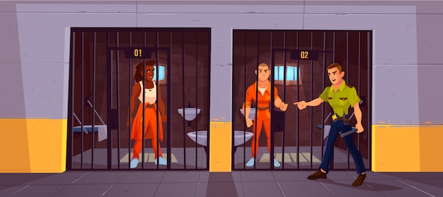 Gefangene im Gefängnis und Polizist. Menschen in orange Overalls in der Zelle.
