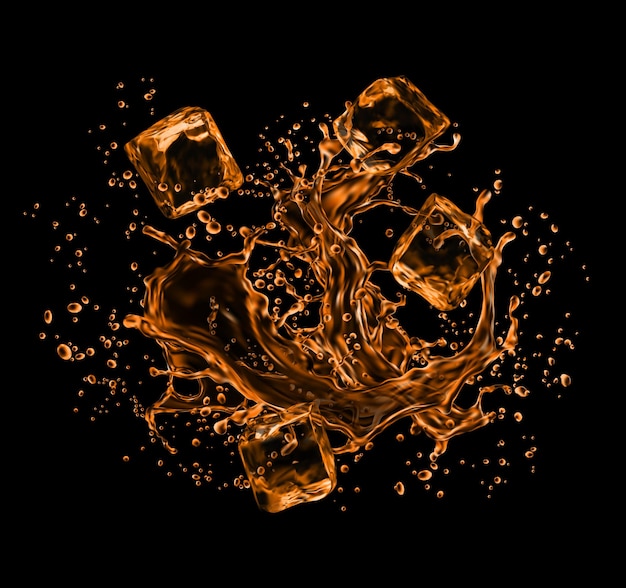 Gefrorene eiswürfel in whiskyspritzen. realistische 3d-vektor-cola, cognac, kalter tee oder sodagetränk, das mit gefrorenen wasserspritzern in bewegung spritzt. isolierte alkohol- oder erfrischungsgetränk braune flüssige welle