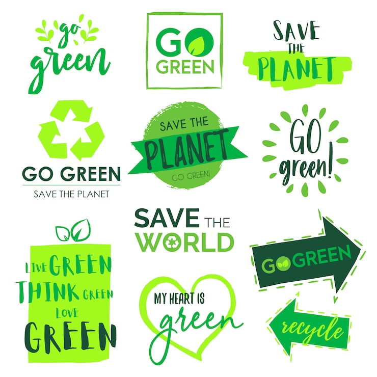 Kostenlose Vektor gehen sie grün und sparen sie die planet badge collection